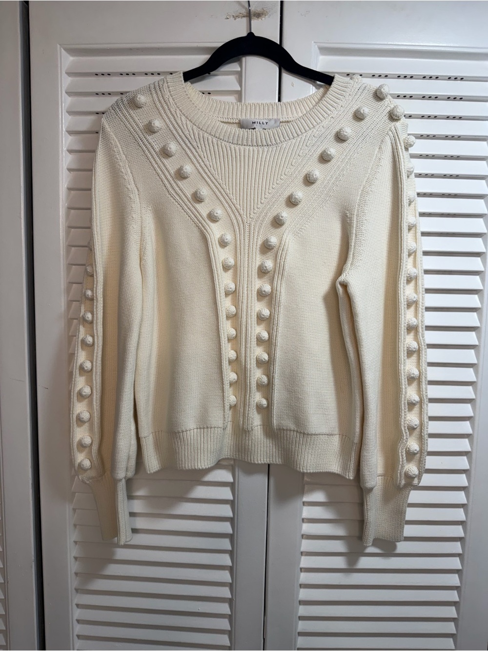 Milly Ivory Pom-Pom Detail Crewneck Sweater